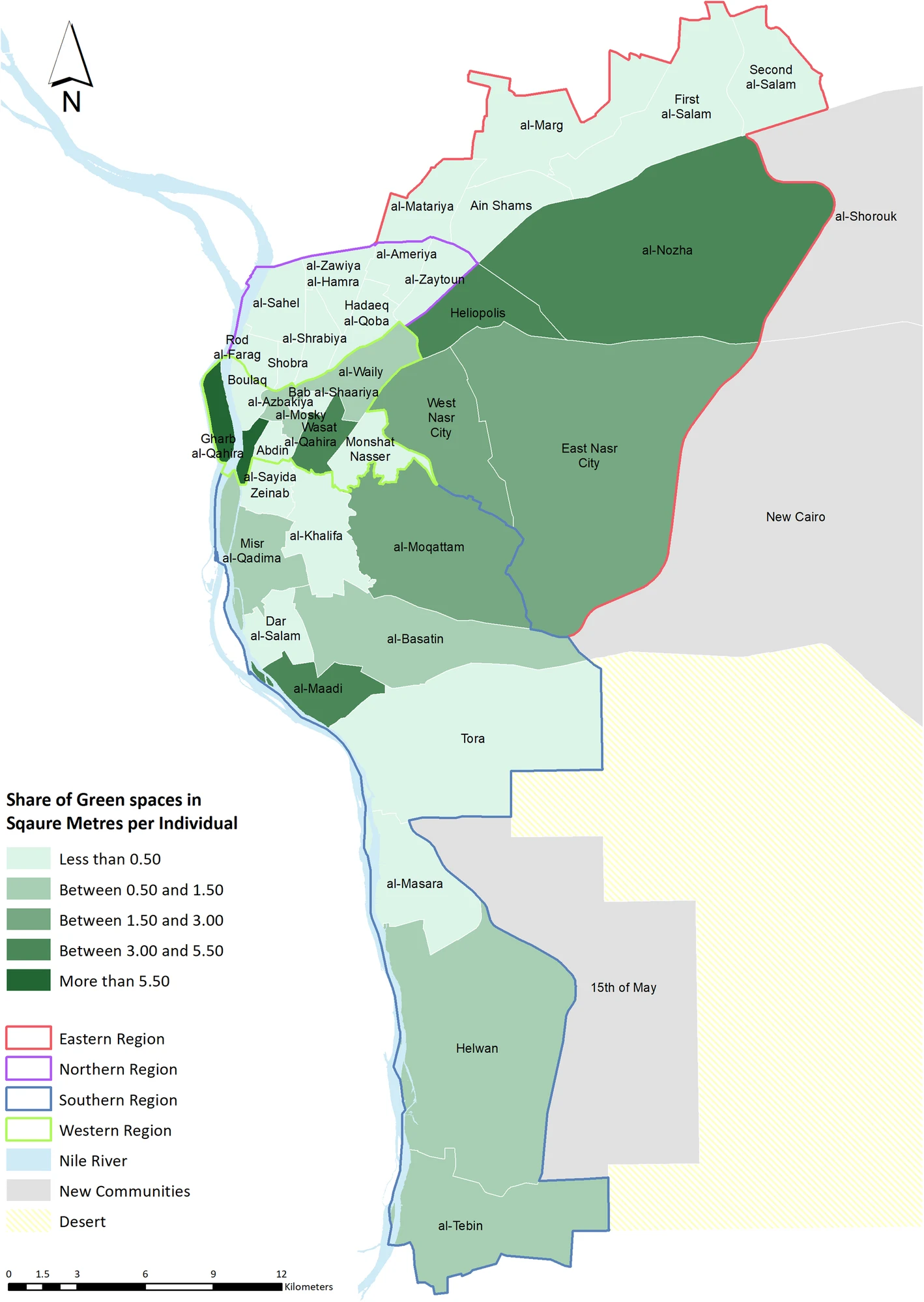 Unequal distribution on green spaces in Cairo, source: Aly and Dimitrijevic, 2022